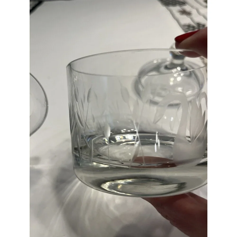 Crystal Glass Clear Etched Swans & Cattails Creamer Sugar Bowl w Lid